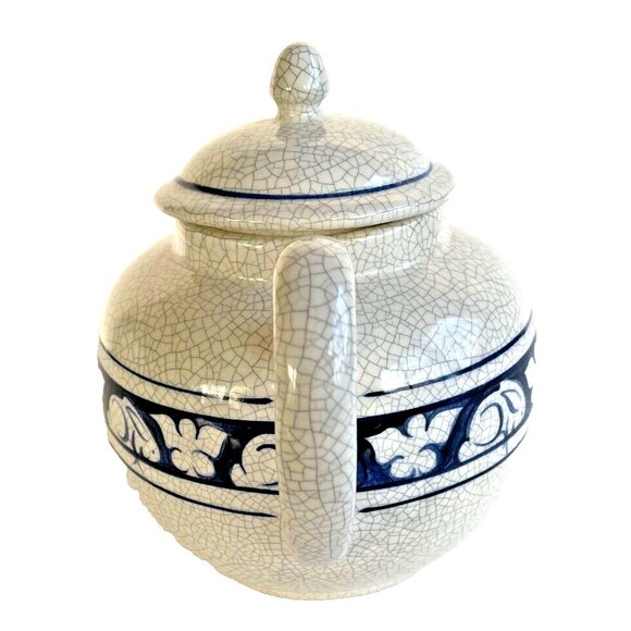 DEDHAM POTTERY The Potting Shed Rabbit Teapot Hand Painted Blue USA Vintage - Picture 3 of 7